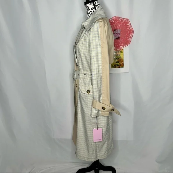 NWT Avec Les Filles Tan and Blue Plaid patchwork Trenchcoat Medium - Picture 3 of 16